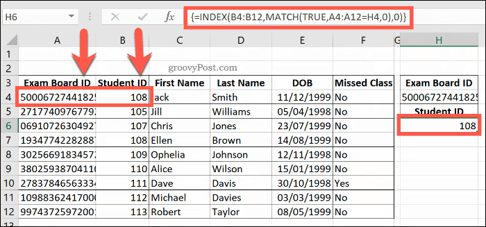 Näide ühendatud indeksi ja vaste valemist Excelis