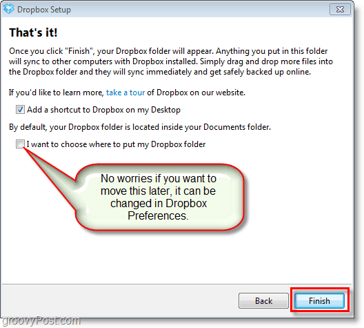 Dropboxi ekraanipilt - kohandage lõplikke eelistusi ja muutke dropboxi asukohta