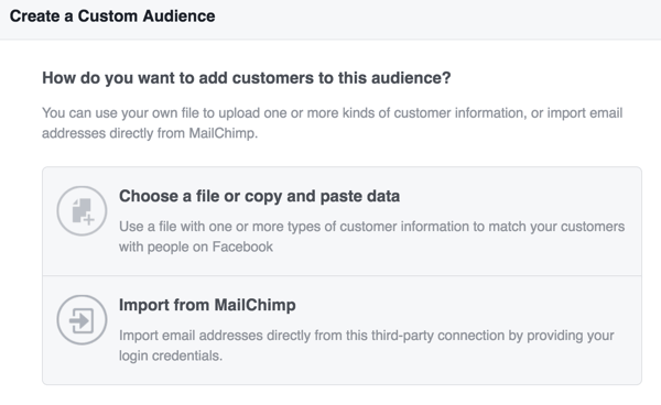 Valige, kuidas soovite oma Facebooki kohandatud vaatajaskonna loomiseks klienditeavet üles laadida.