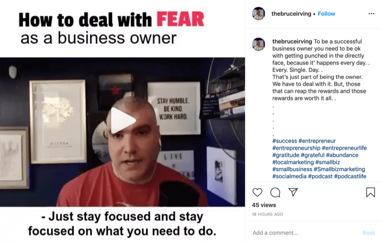 Bruce Irvingu Instagrami postitus sellest, kuidas ettevõtte omanikuna hirmuga toime tulla