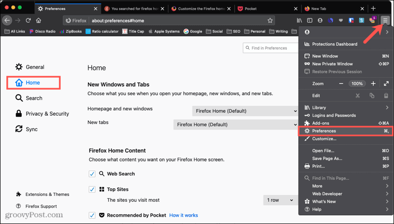 Firefoxi eelistuste avaleht Macis