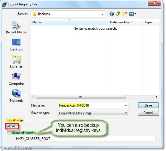 salvestage registri varukoopia Windows 7 ja Vista