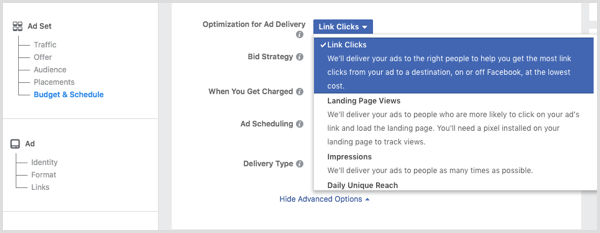 Kui olete oma Facebooki reklaami seadistanud, valige rippmenüüst Reklaami edastamise optimeerimine lingiklõpsud.