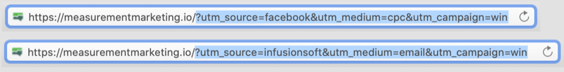 näide URL-idest, mille kodeeritud utm-märgendid on esile tõstetud URL-ide utm-osaga, näidates võidu kampaania parameetritena facebook / cpc ja infusionsoft / email