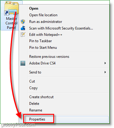 Windows 7 ekraanipilt - paremklõpsake otsetee ja minge atribuutide juurde