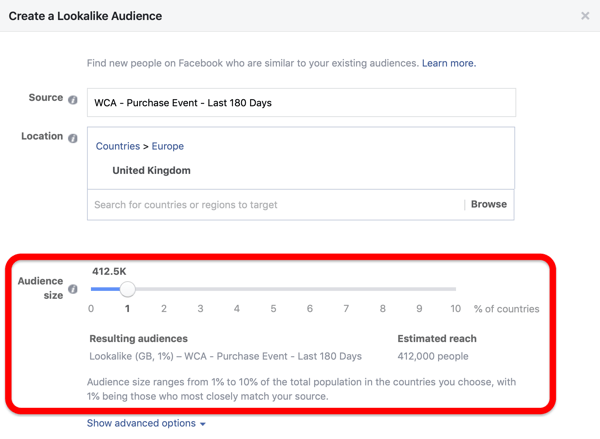 Publiku suuruse valik, kui loote oma kohandatud vaatajaskonnast oma Facebooki sarnase vaatajaskonna.