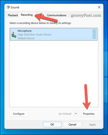Windows 11 mikrofoni atribuutide menüü avamine