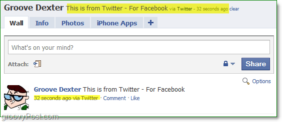 pilk facebooki profiilile, kus olekut on twitteri abil värskendatud