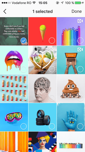 Valige kõik salvestatud postitused, mille soovite oma Instagrami kollektsiooni lisada, ja puudutage seejärel valikut Valmis.