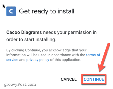 Google Docs Cacoo lisandmooduli installimise kinnitamine