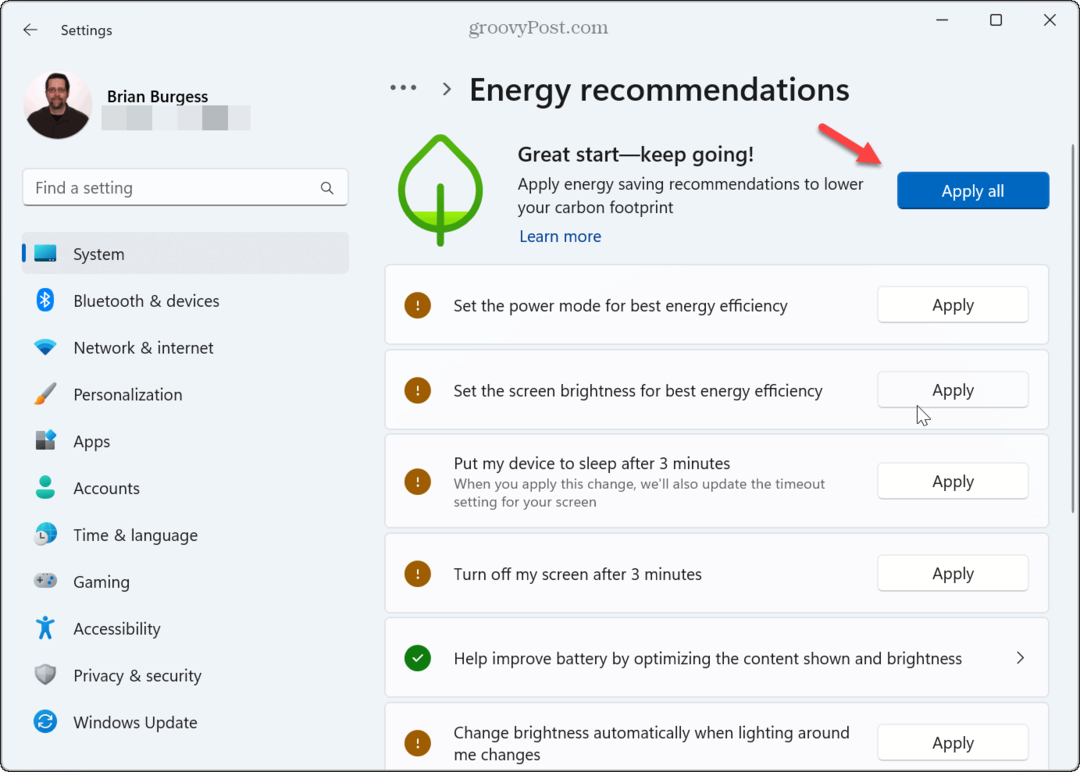 Energiasoovituste rakendamine opsüsteemis Windows 11