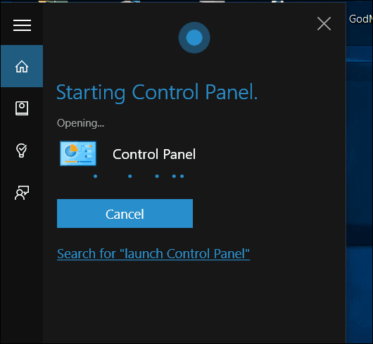 Windows 10 Cortana Avage juhtpaneel