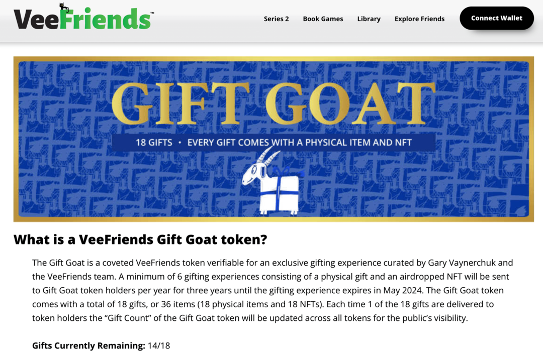 VeeFriends Gift Goat märgi eeliste pilt VeeFriendsi veebisaidil