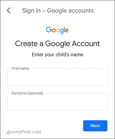 gmaili lapsekonto nimi