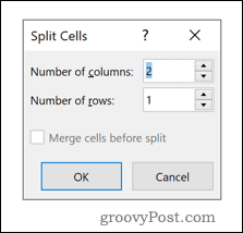Suvandimenüü Word Split Cells