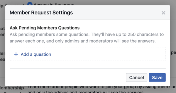 Kuidas oma Facebooki grupi kogukonda paremaks muuta, näide Facebooki grupi liikmete päringute seadetest, mis võimaldavad uusi liikmete küsimusi
