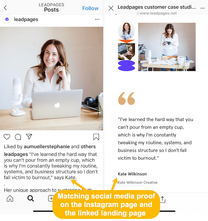klientide lugude sobitamine Instagrami voos ja lingitud sihtlehel
