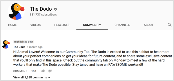 YouTube'i kanali vahekaardi kogukonna sissejuhatav postitus