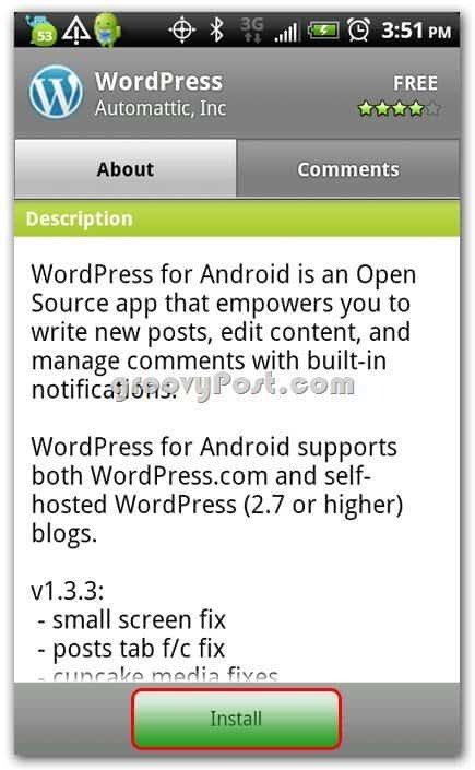 Wordpress Androidi installiekraanil