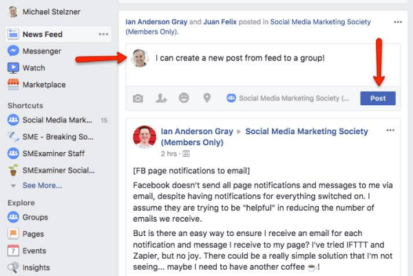 Facebook lubab kasutajatel nüüd uudisvoo kaudu otse gruppidesse postitada.