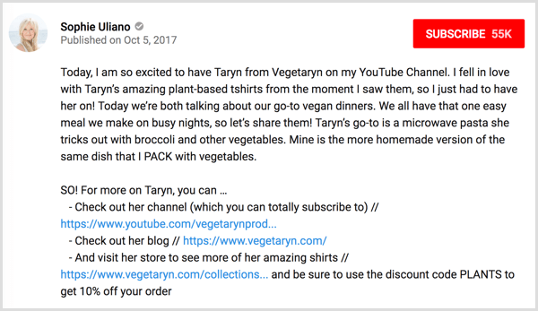 YouTube'i koostööpartneri teave kirjelduses