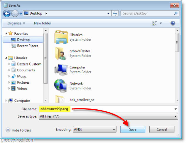 Windows 7 ekraanipilt - salvestage aadressina addownership.reg