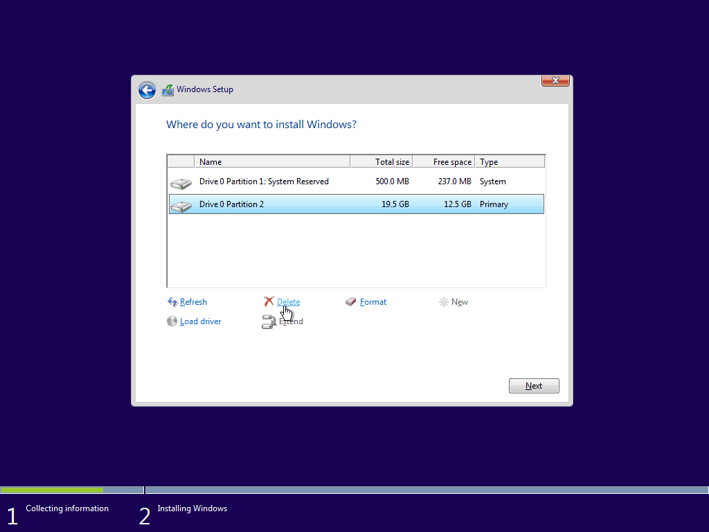 05 Kustutage olemasolev primaarse partitsiooniga Windows 10 puhas install