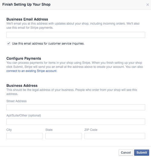 konfigureerige facebooki kaupluse äri ja makse üksikasjad