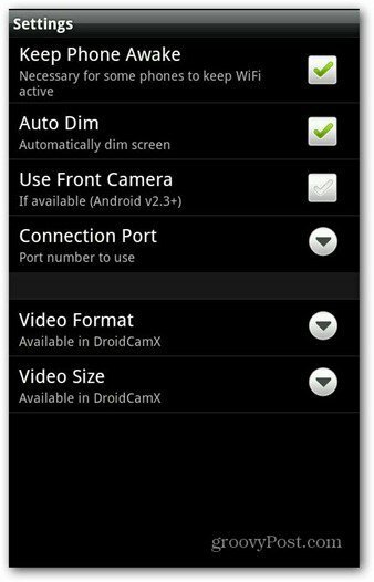 DroidCami Androidi rakenduse seaded