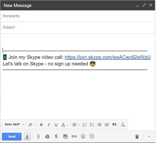 Kõnelingi lisamiseks klõpsake oma e-kirja allosas Skype'i ikooni.