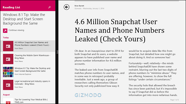 Windows 8.1 lugemisloendi rakendus kogub artikleid, et neid hiljem lugeda