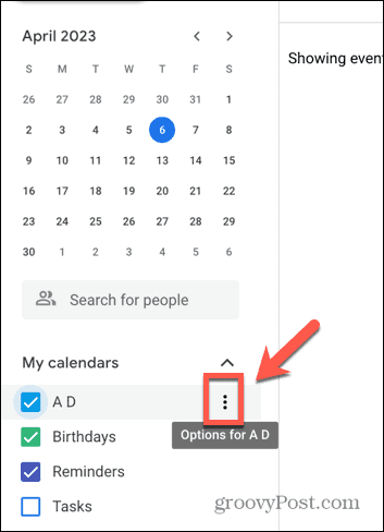 Google'i kalendri kolme punktiga ikooni ekraanipilt