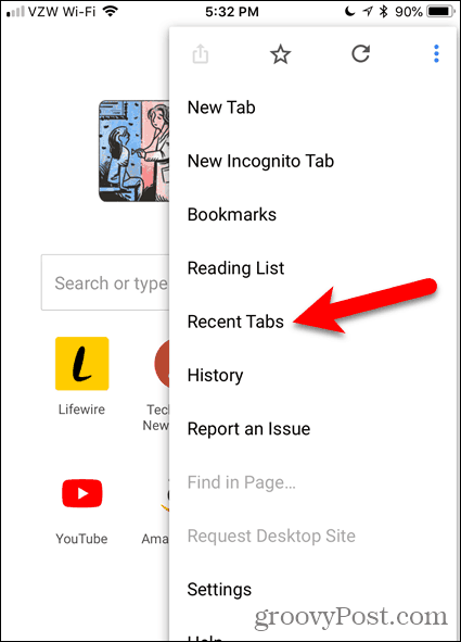 Koputage iOS-i jaoks Chrome'i hiljutisi vahelehti