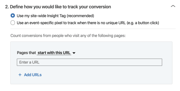 Määratlege, kuidas soovite oma konversiooni jälgida jaotises LinkedIn vestluste jälgimise seadistusprotsess