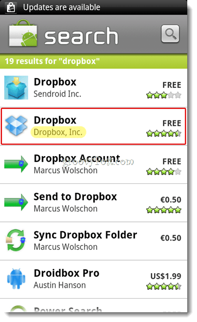 Android Dropboxi otsingumenüü