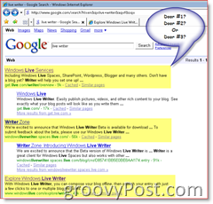 Pilt Google'i otsingutulemitest Windows Live Writeri jaoks