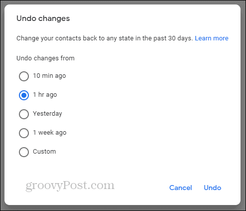 Google'i kontaktid Võta tagasi ajakava muutmine