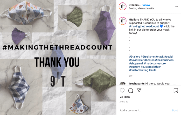 9Tailori Instagrami postitus maskide müügi kohta