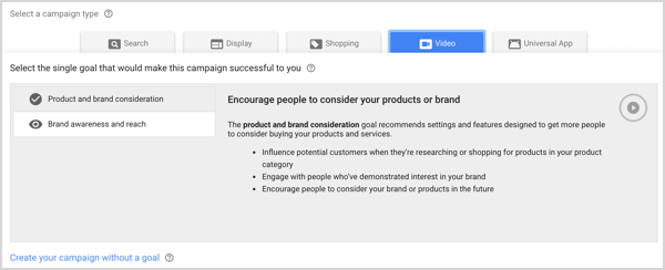 Bränditeadlikkuse ja Reachi kampaania tüüp Google AdWordsis.