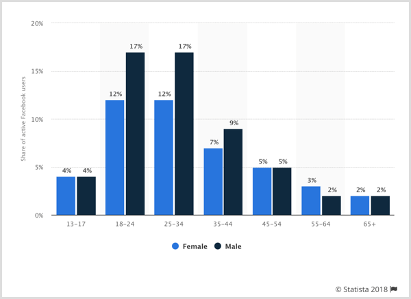 Statista graafik, mis näitab kasutajate ülemaailmset jaotumist Facebookis soo ja vanuse järgi.