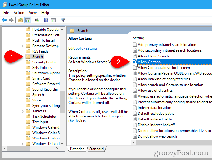 Topeltklõpsake Local Group Policy Editori sättel AllowCortana