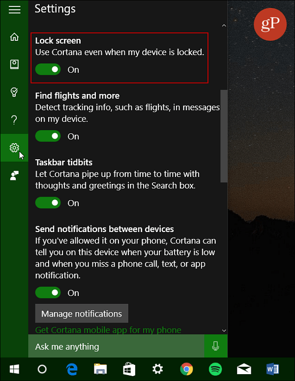 Lülitage sisse Cortana lukustuskuva Windows 10