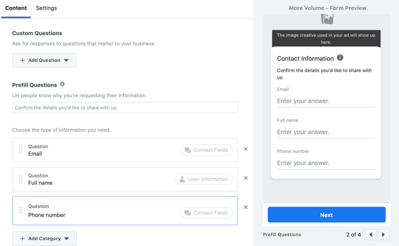 lisage kohandatud küsimused Facebooki juhtivtöötajate vormile