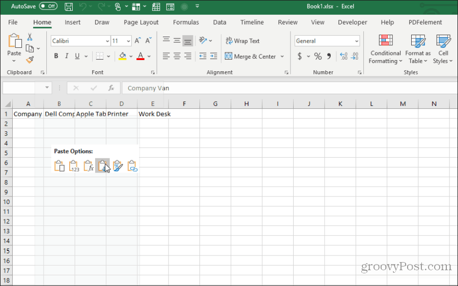 kleepimine, kasutades Excelis ülevõtmist