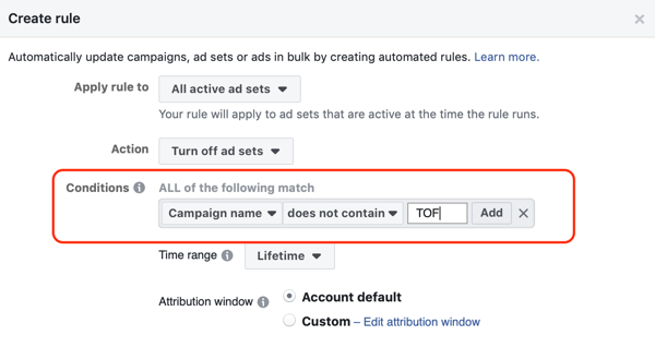 Kasutage Facebooki automatiseeritud reegleid, peatage reklaamide määramine, kui ROAS langeb alla miinimumtaseme, määrake tingimused 2. sammust