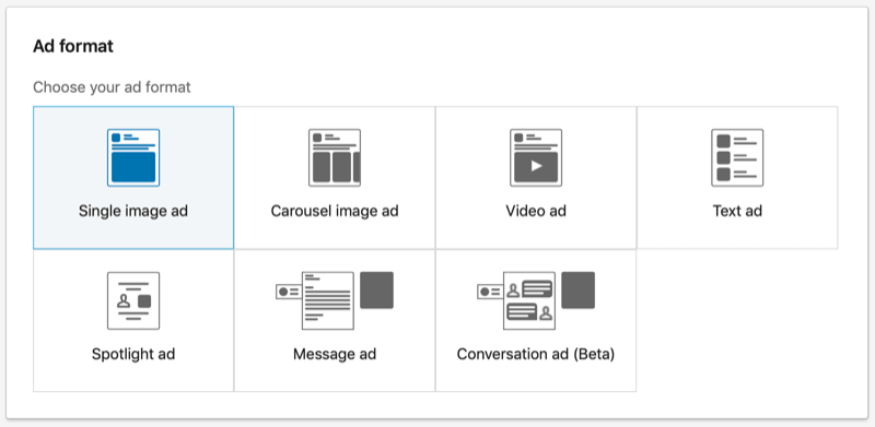LinkedIni ühe pildi reklaami vormingu valik on valitud