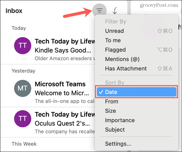 Sortige kuupäeva järgi Outlooki Macis