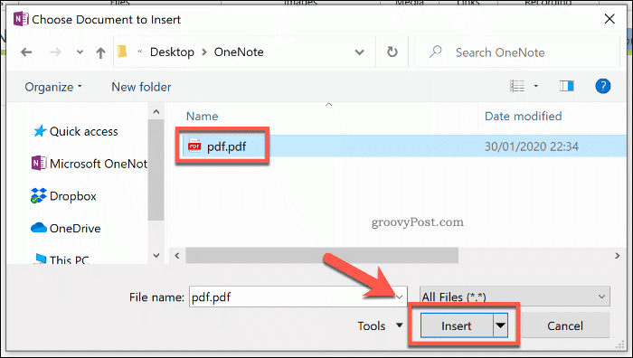 Faili väljatrüki sisestamine OneNote'i