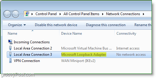 Windows 7 võrguseadme ekraanipilt - võrguühenduste aknas nähtav Microsofti loopbacki adapter