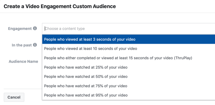 Looge Video Engagementi kohandatud vaatajaskonna seadistusaken